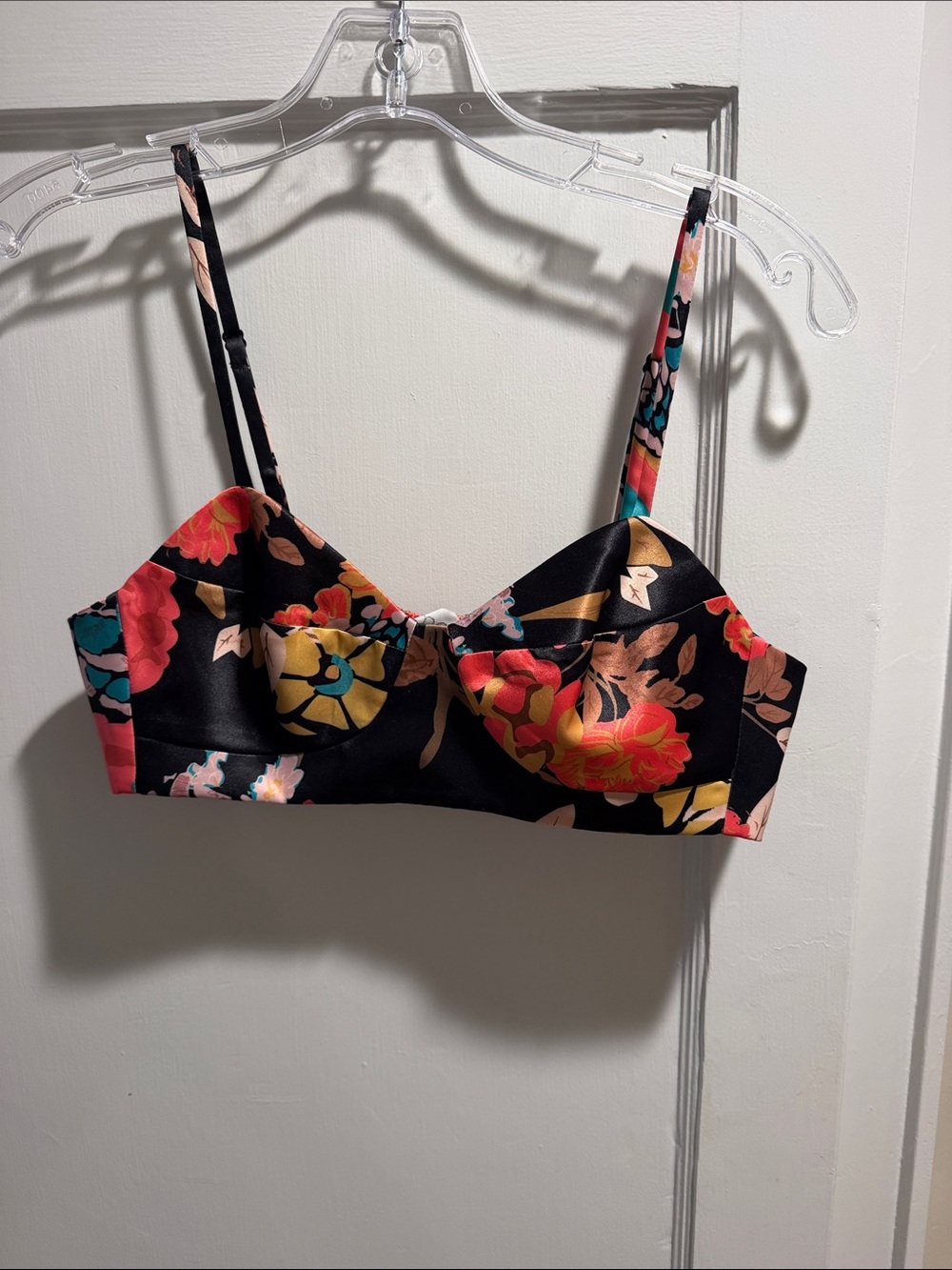 Anthropologie Black Floral Satin Bra Top with Red, Yellow & Teal Accents